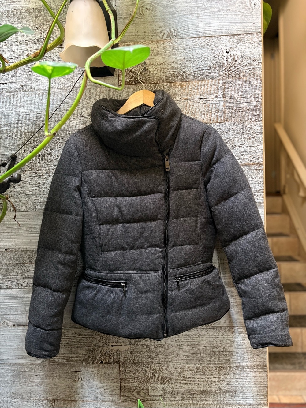 Zara Basic | Down-Blend Quilted Puffer Funnel Neck Winter Coat - Women's S, Gray